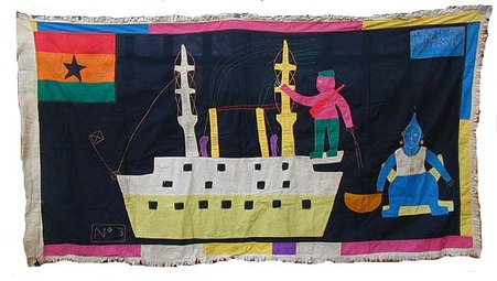 Large and striking post-1957 flag showing a steamship and a seated chief. Unusually the proverb indicated by this image is embroidered on one corner of the No 3 company flag. Translated from the Fante it reads 