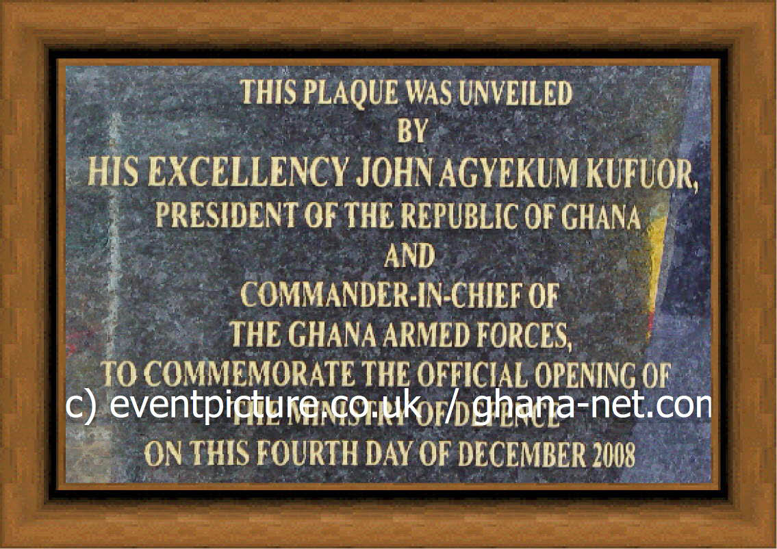Inauguration plaque of the Ministry of Defence building in Accra inscribed with the name of President John Kufuor