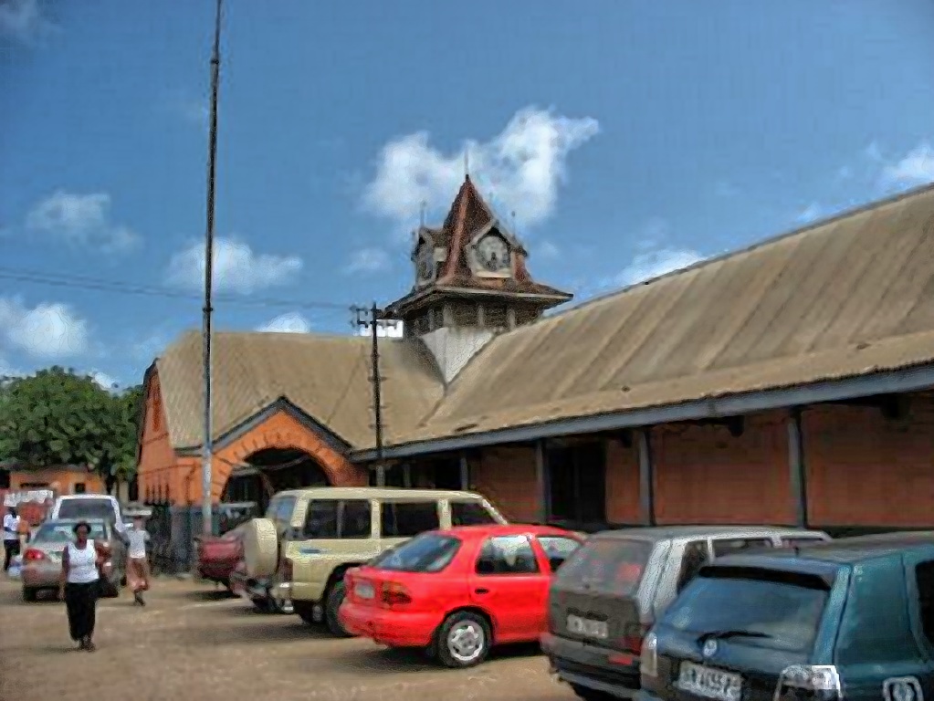 Accra railway station with cars parked in front, around 2001