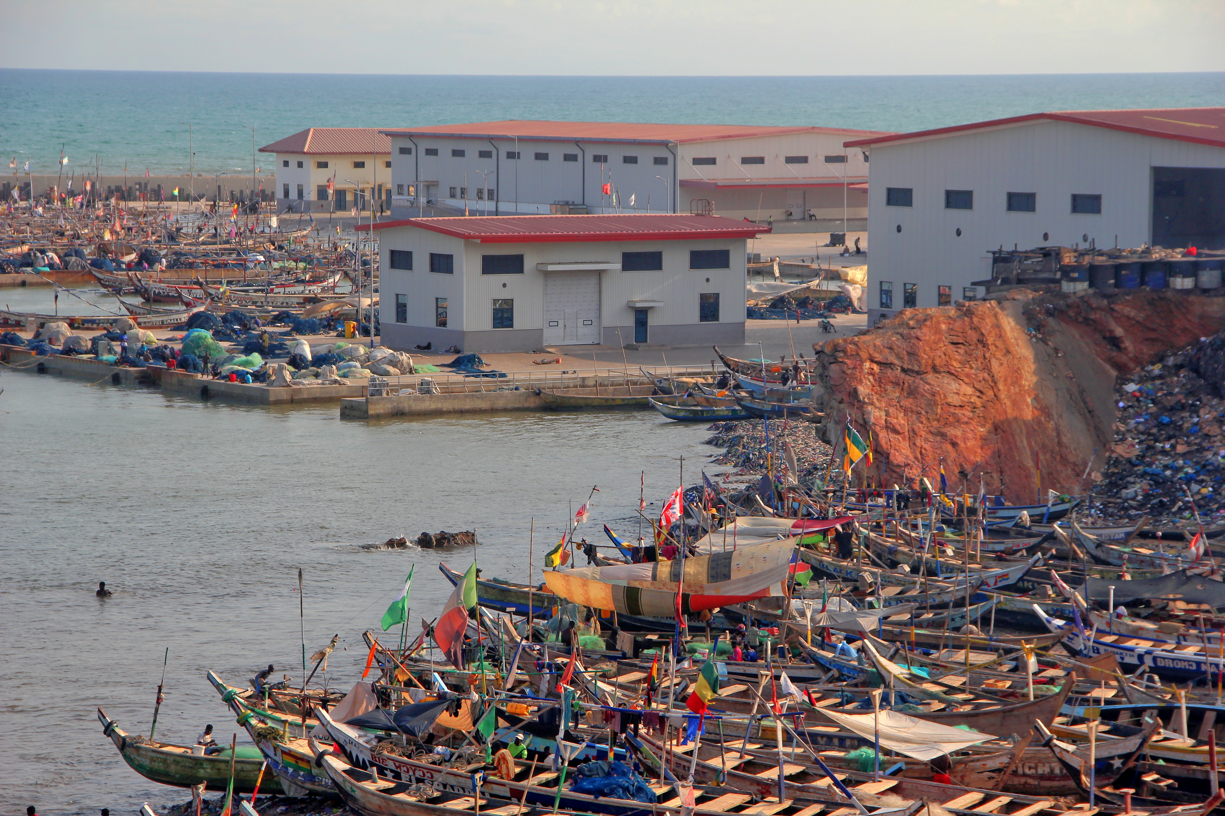 Jamestown fishing harbour seen from the left side, close to the boats, Accra