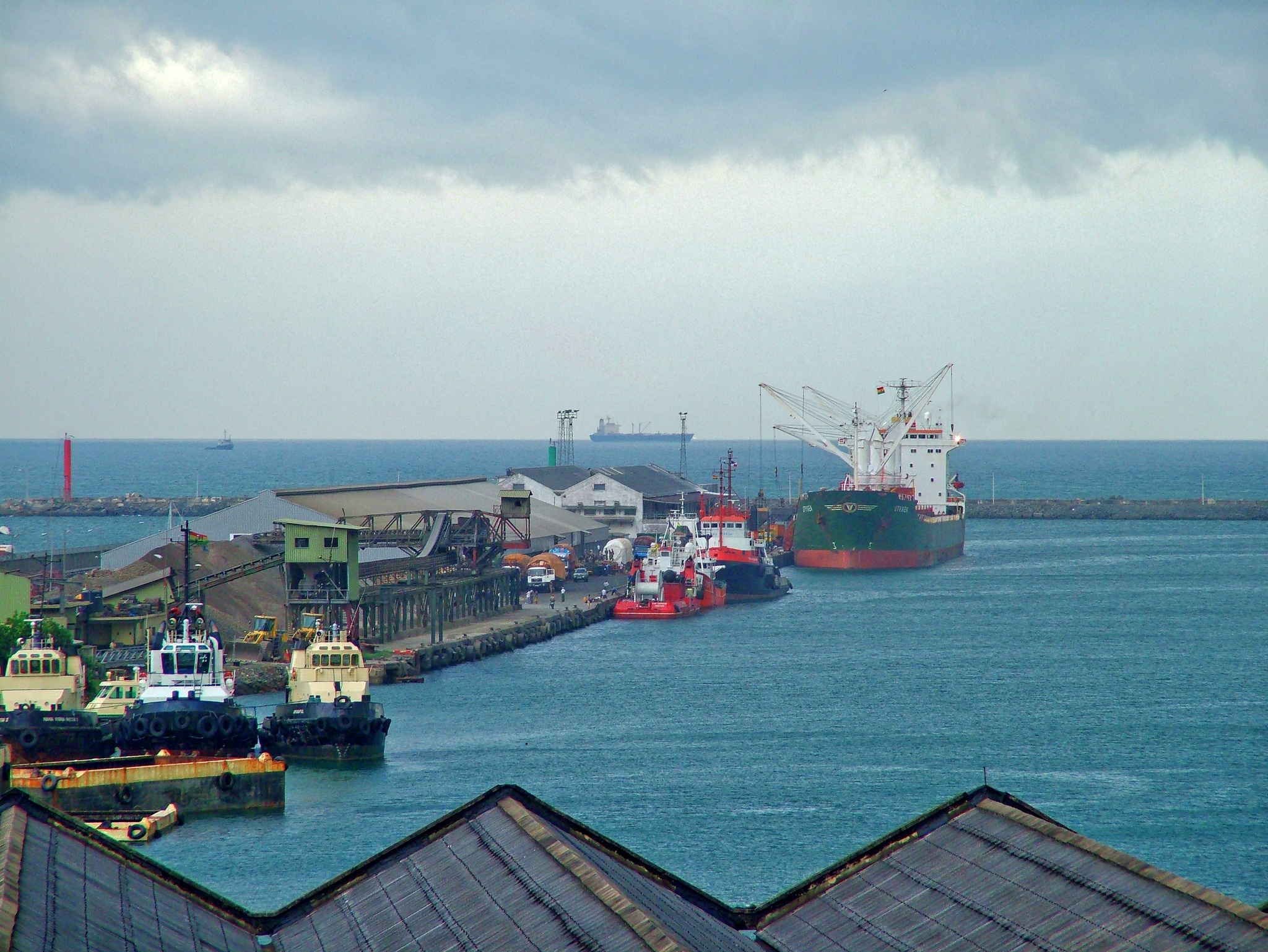 Takoradi Harbour in the Western Region of Ghana, with ships and harbour infrastructure